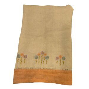 Vintage Hand Embroidered Linen Tea Towel Floral Design Peach Hem